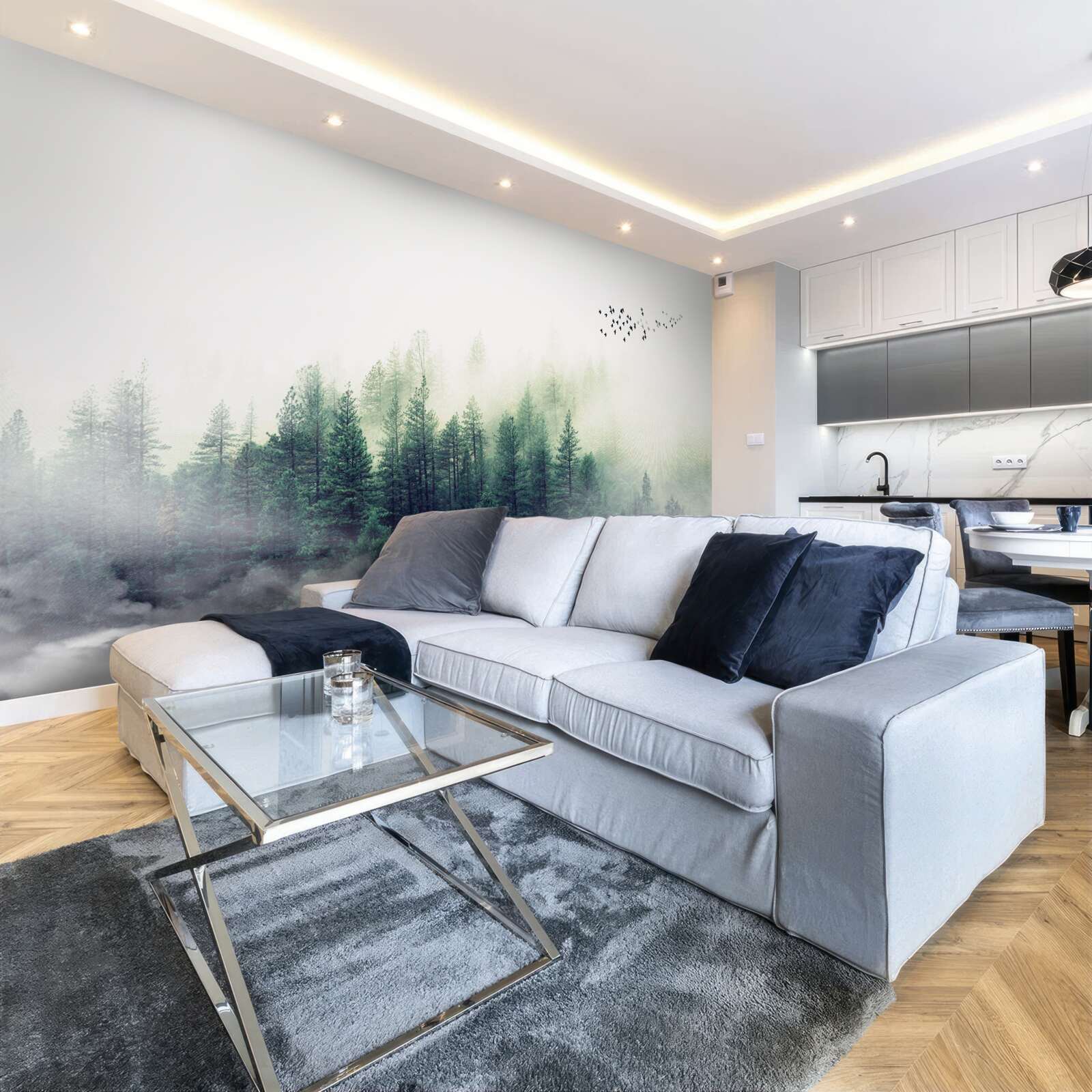 Fototapet pădurea de sub păsări este acoperită de ceață