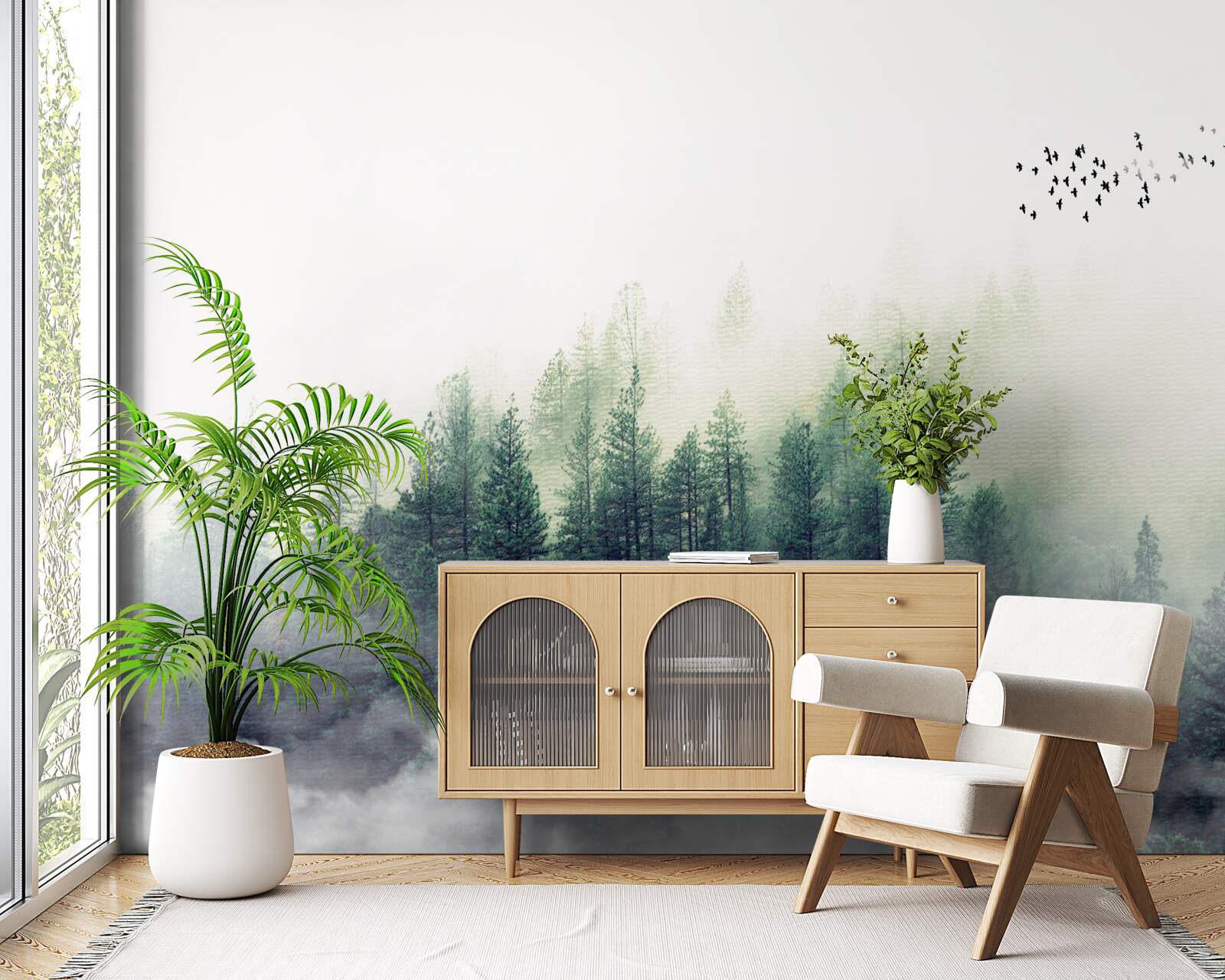 Fototapet pădurea de sub păsări este acoperită de ceață