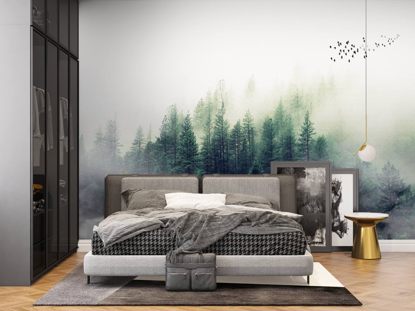 Fototapet pădurea de sub păsări este acoperită de ceață