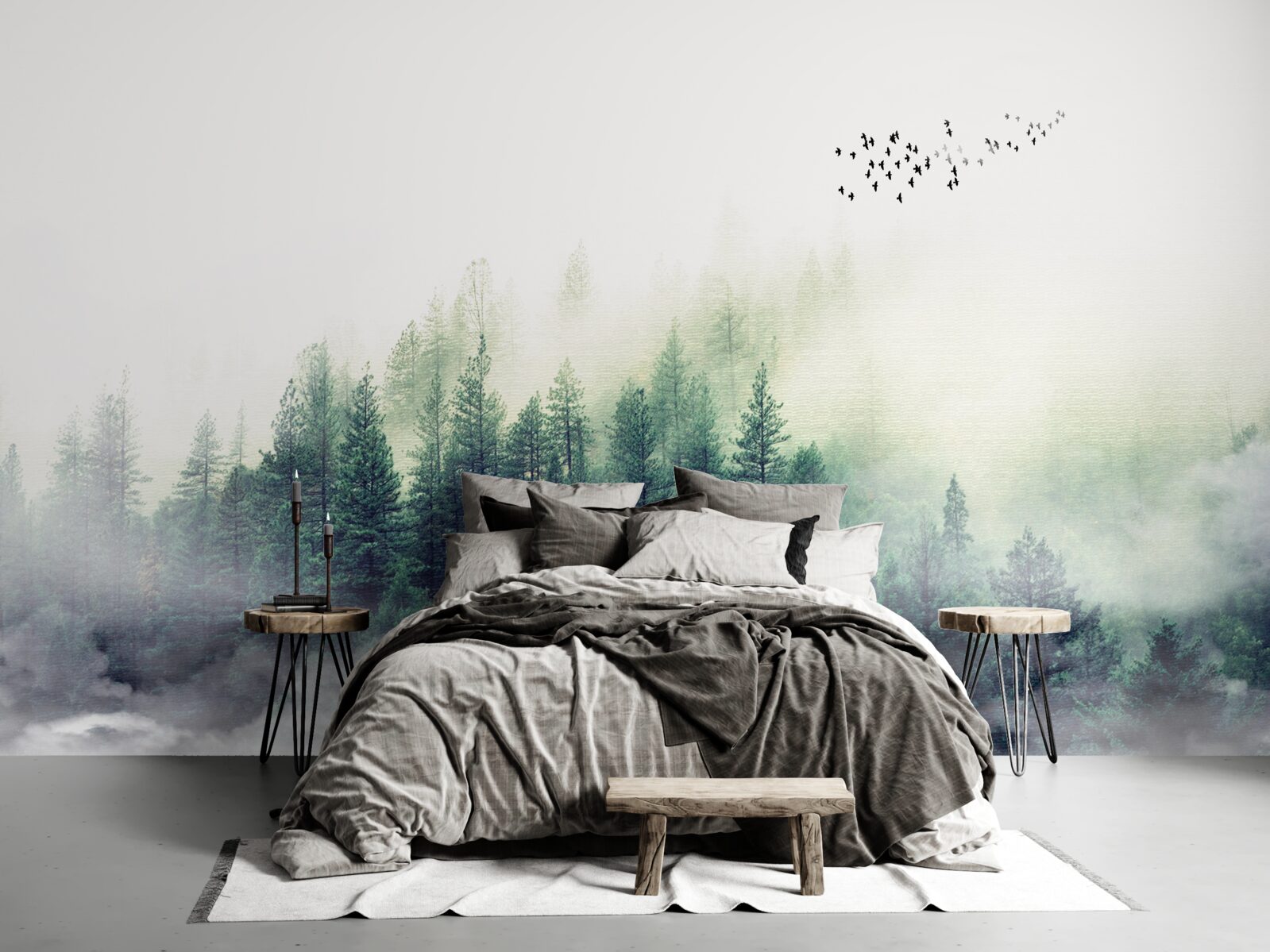 Fototapet pădurea de sub păsări este acoperită de ceață