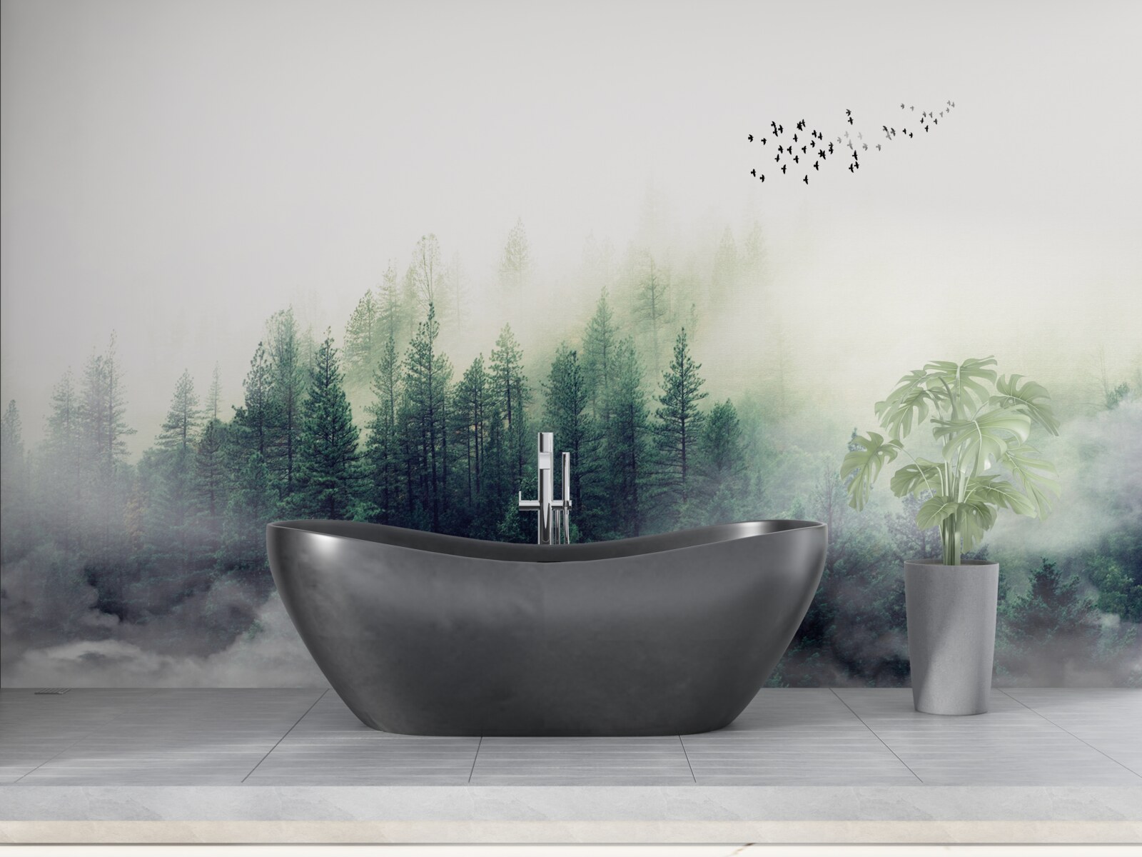 Fototapet pădurea de sub păsări este acoperită de ceață