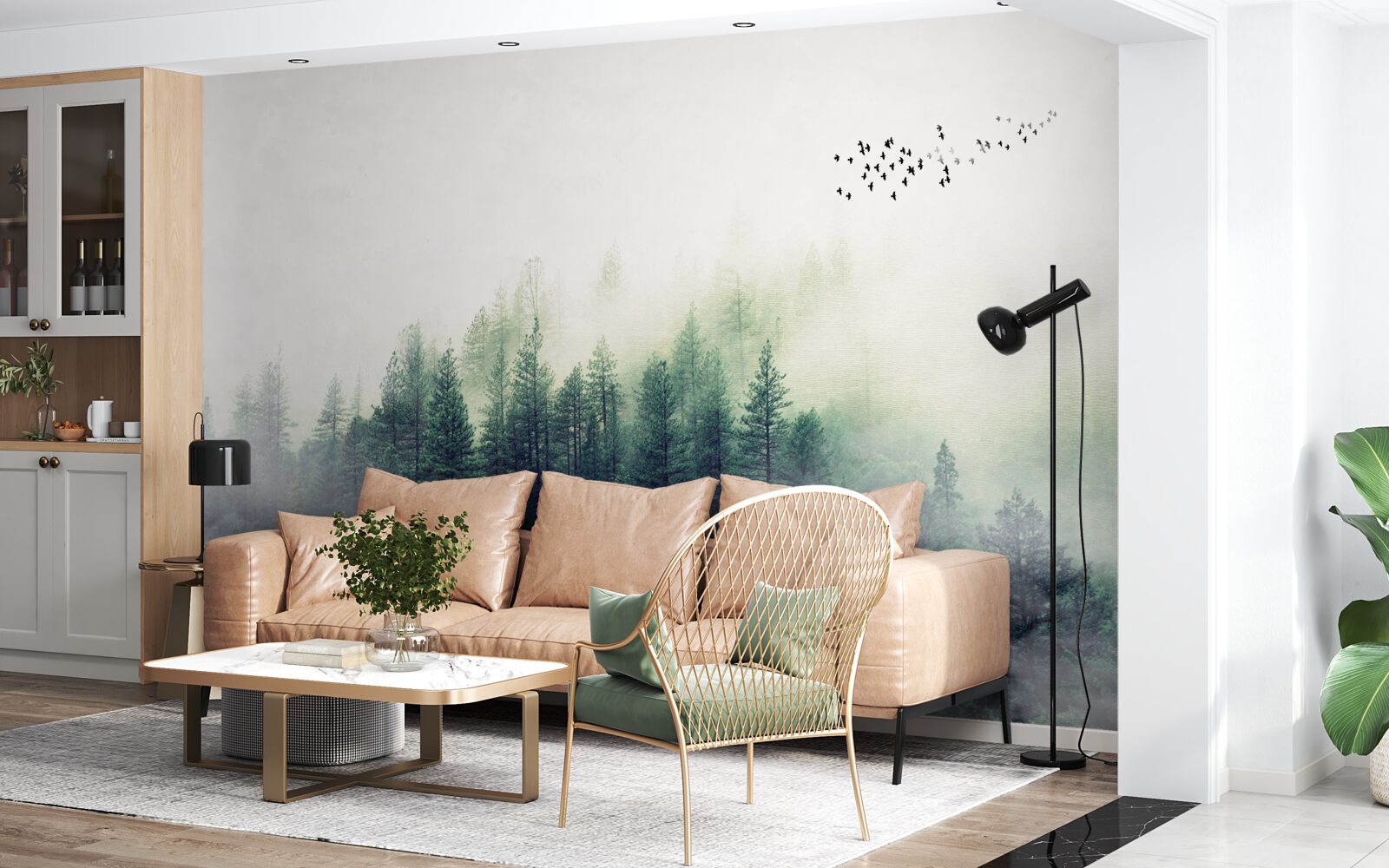 Fototapet pădurea de sub păsări este acoperită de ceață