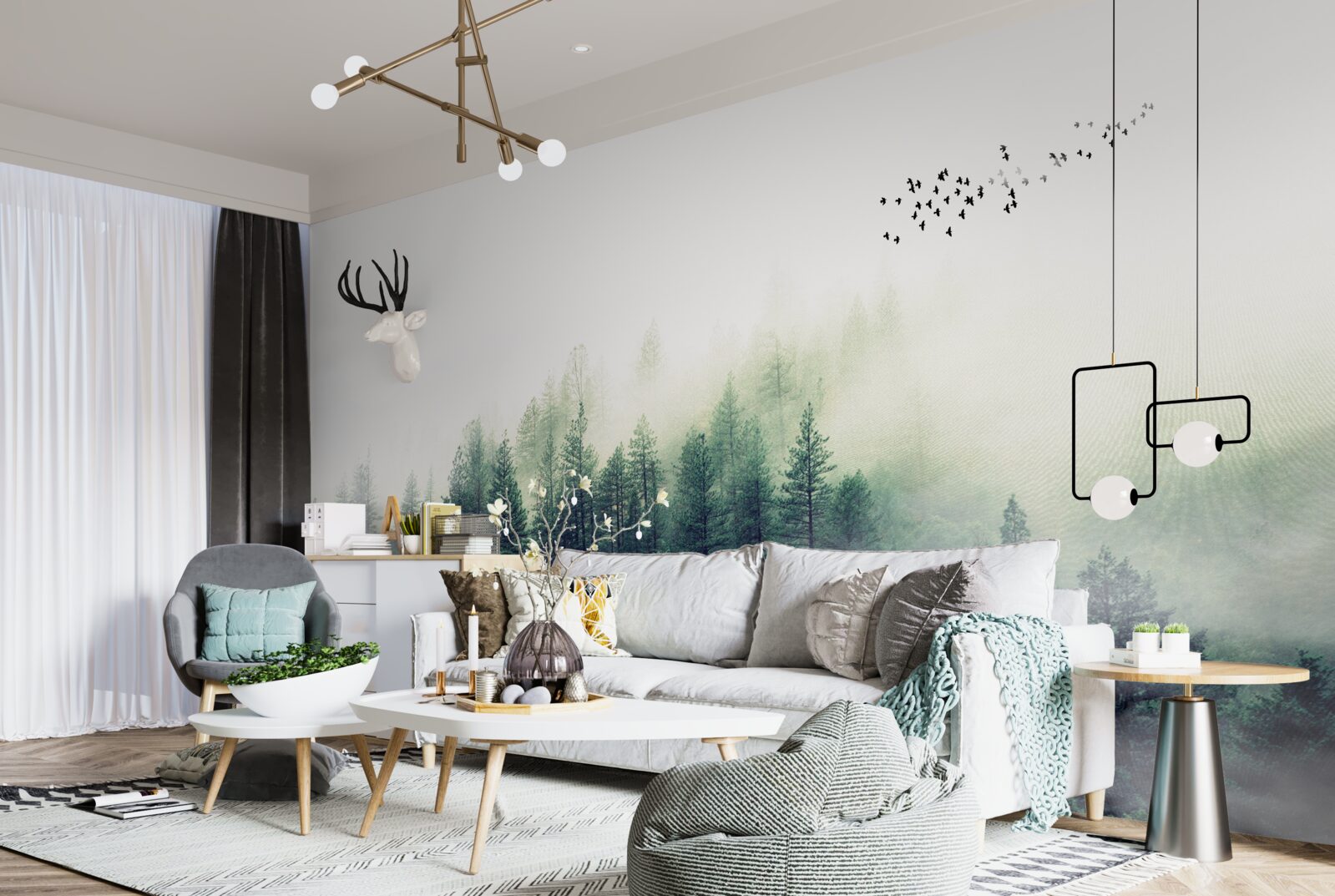 Fototapet pădurea de sub păsări este acoperită de ceață