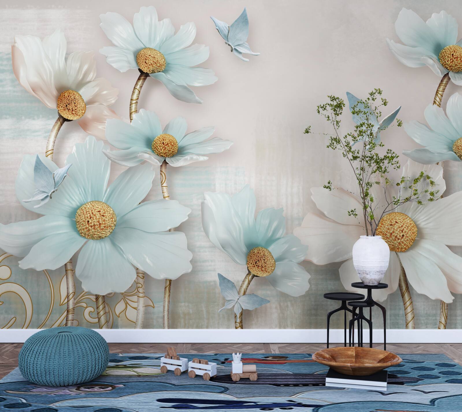 Fototapet flori mari în alb și albastru