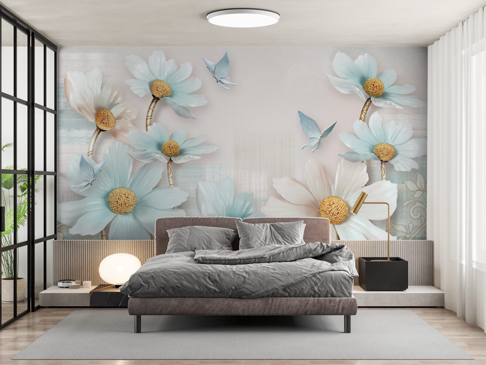 Fototapet flori mari în alb și albastru