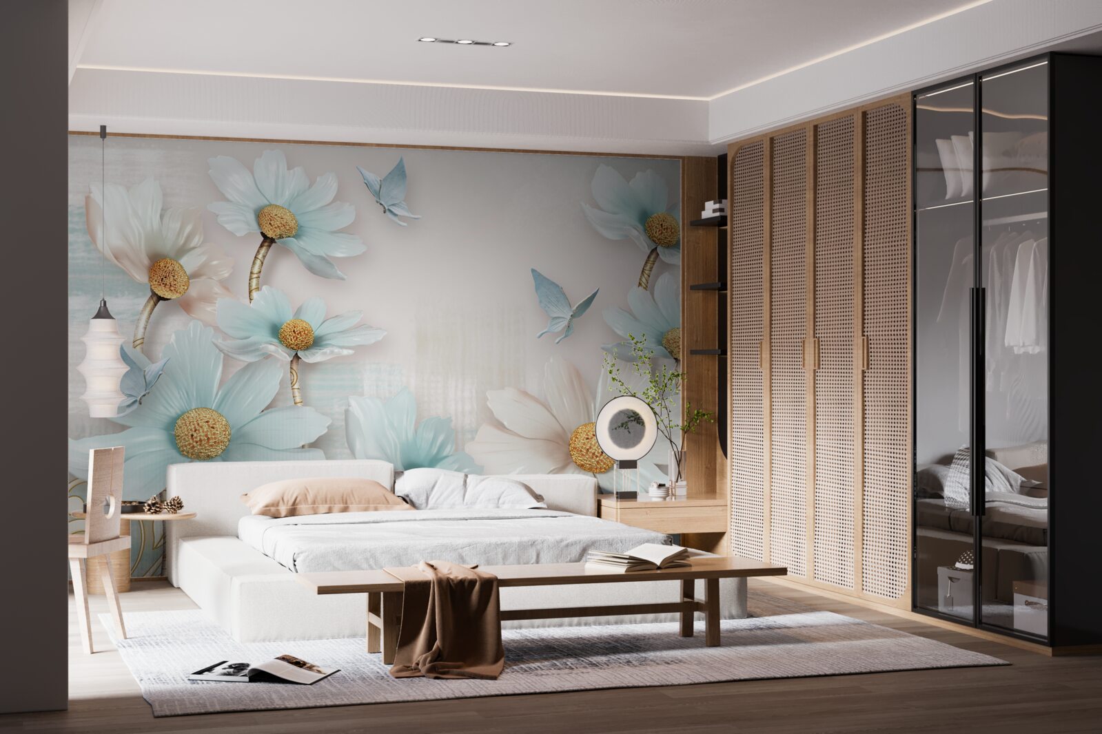 Fototapet flori mari în alb și albastru