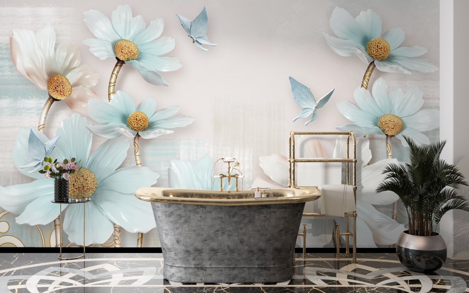 Fototapet flori mari în alb și albastru