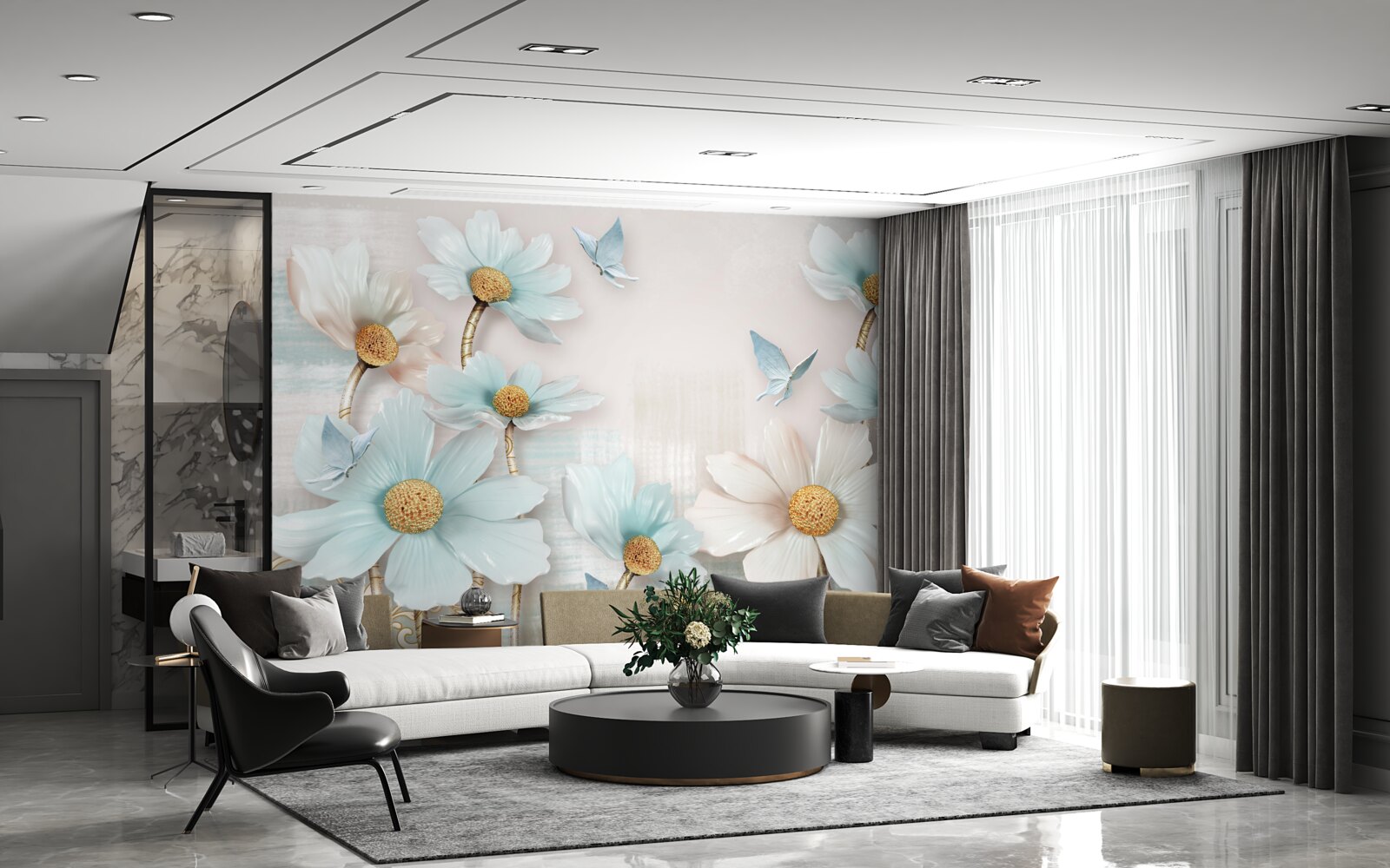 Fototapet flori mari în alb și albastru