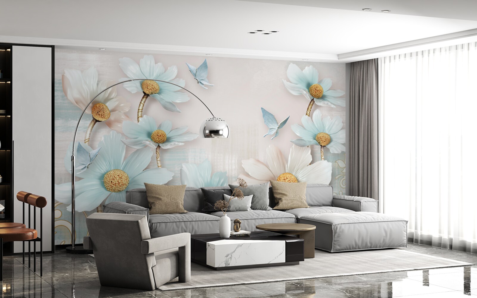 Fototapet flori mari în alb și albastru