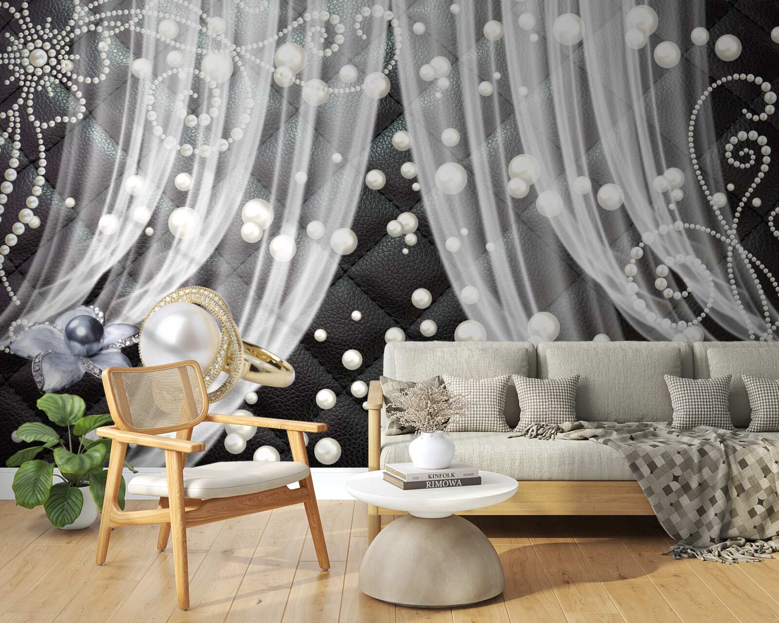 Fototapet decoratiuni aurii si perdele albe