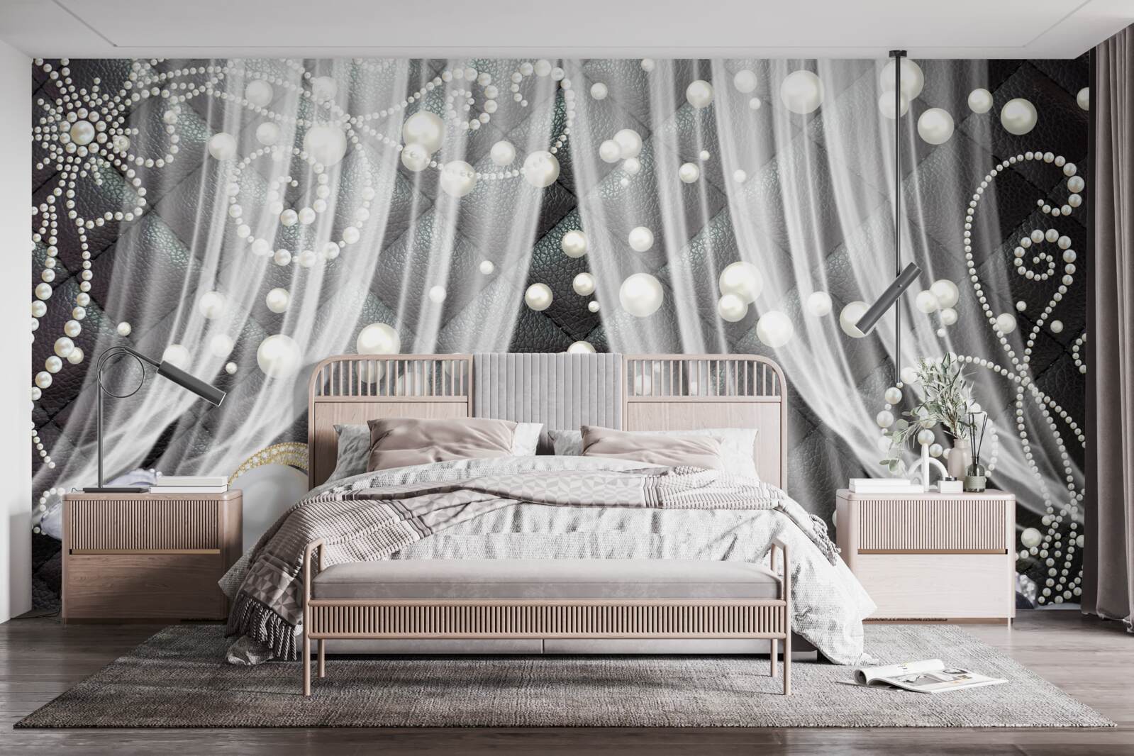 Fototapet decoratiuni aurii si perdele albe