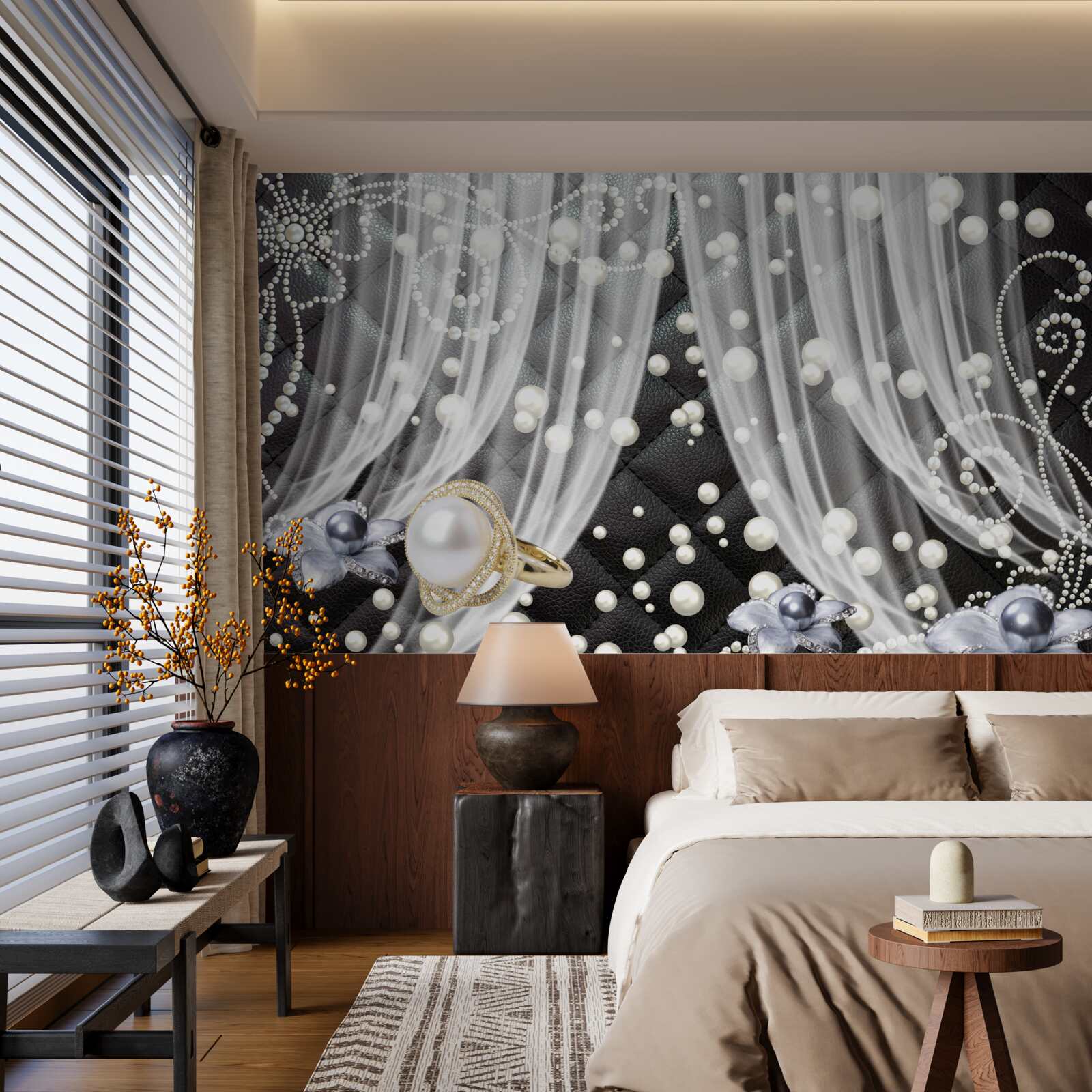 Fototapet decoratiuni aurii si perdele albe