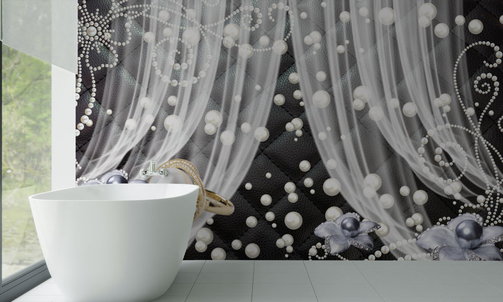 Fototapet decoratiuni aurii si perdele albe