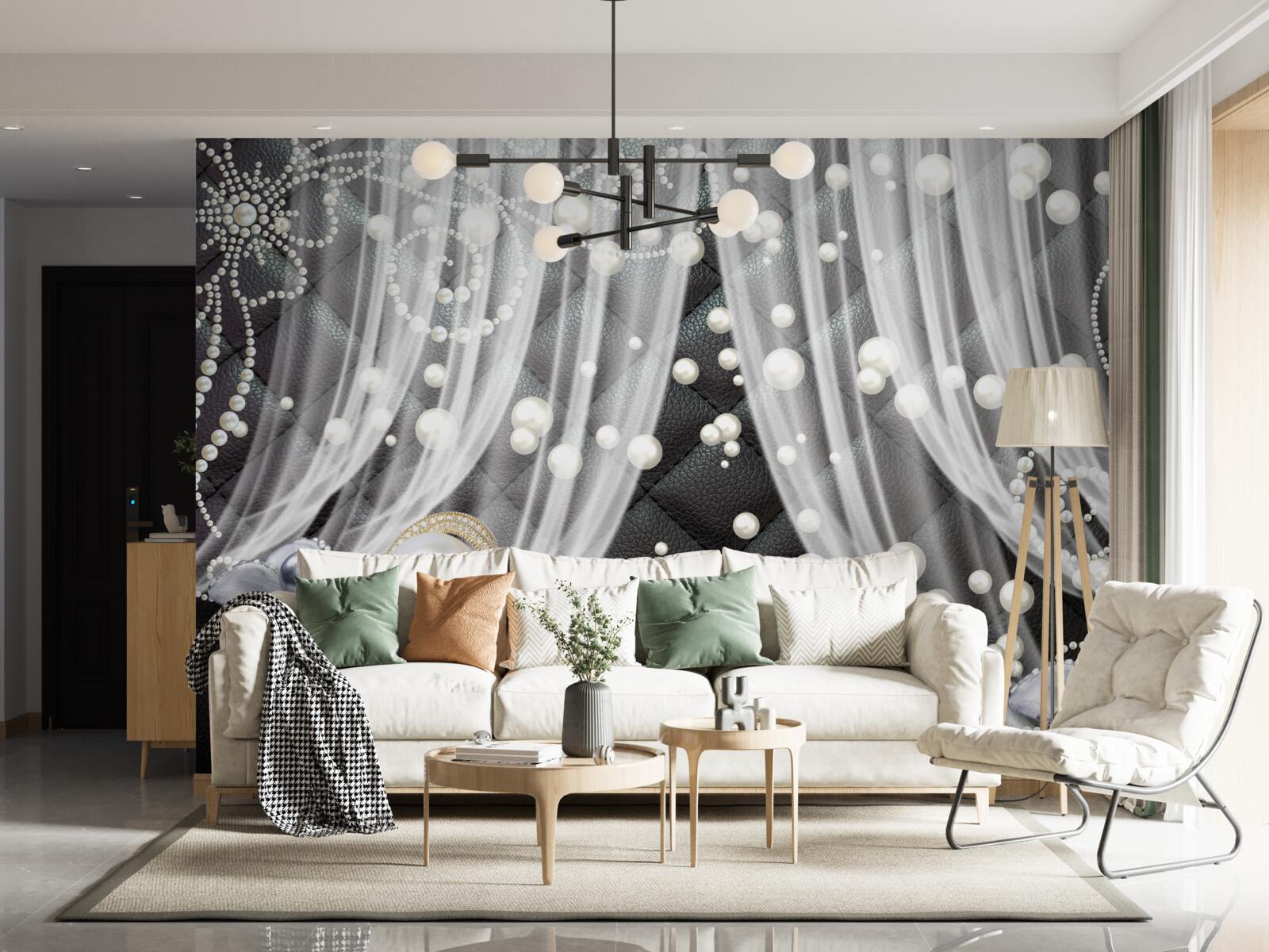 Fototapet decoratiuni aurii si perdele albe