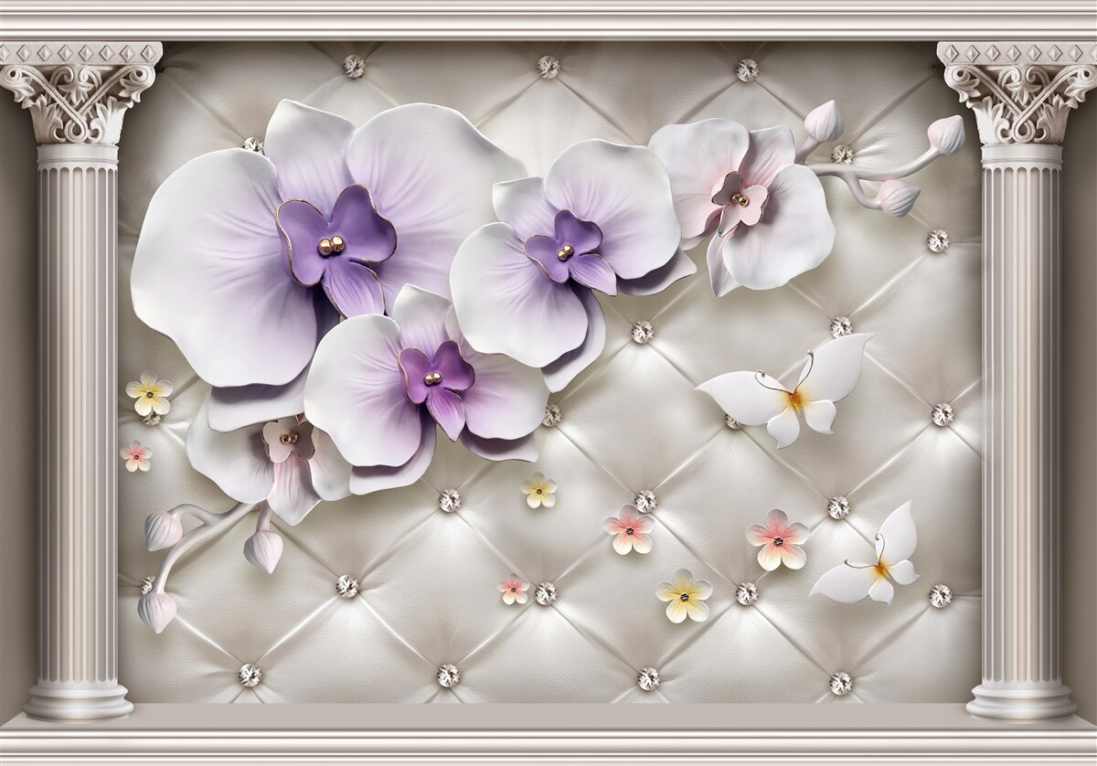 Fototapet Orhidee albă ca zăpada decorată cu aur și perle