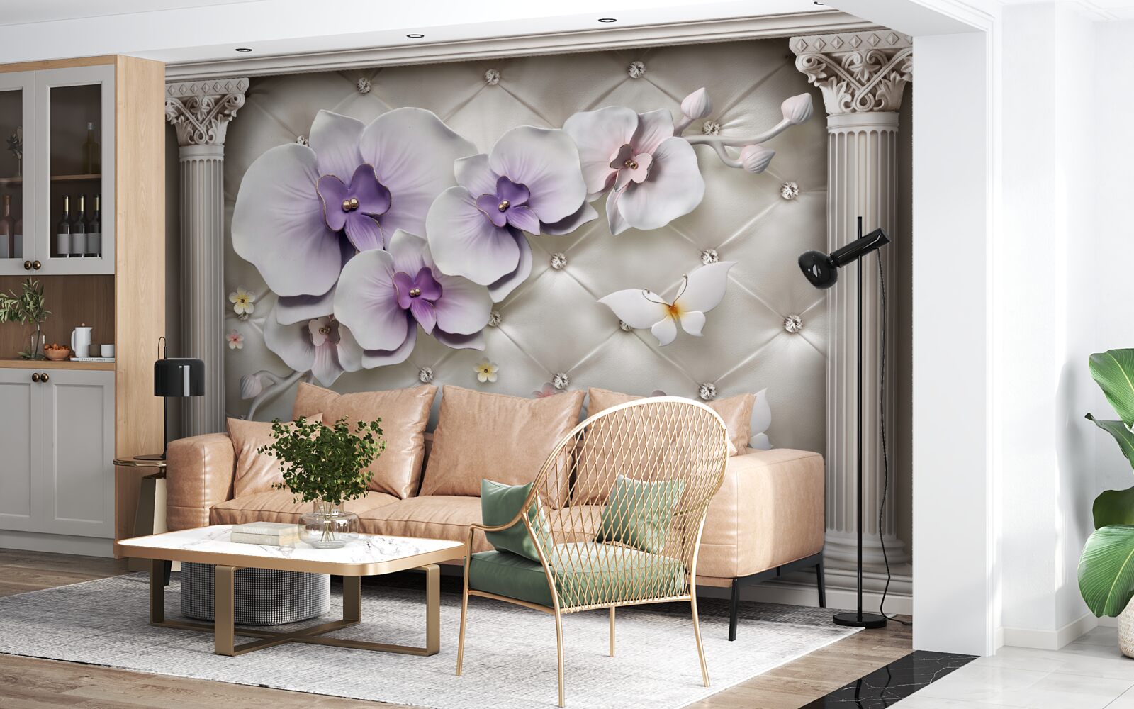 Fototapet Orhidee albă ca zăpada decorată cu aur și perle