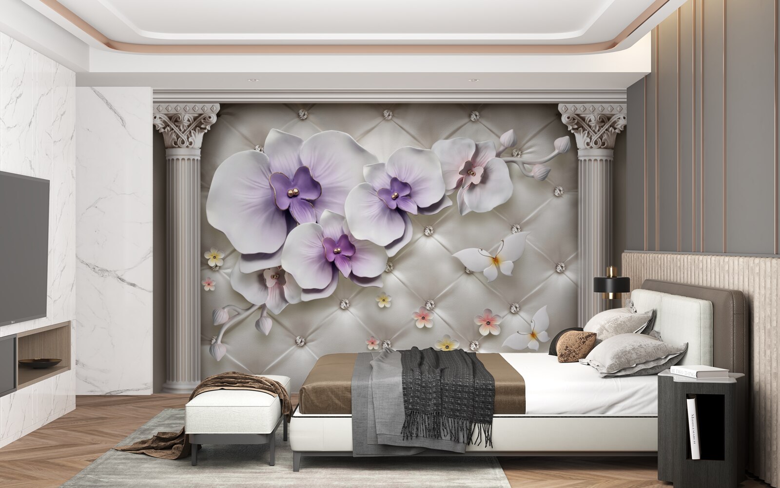 Fototapet Orhidee albă ca zăpada decorată cu aur și perle