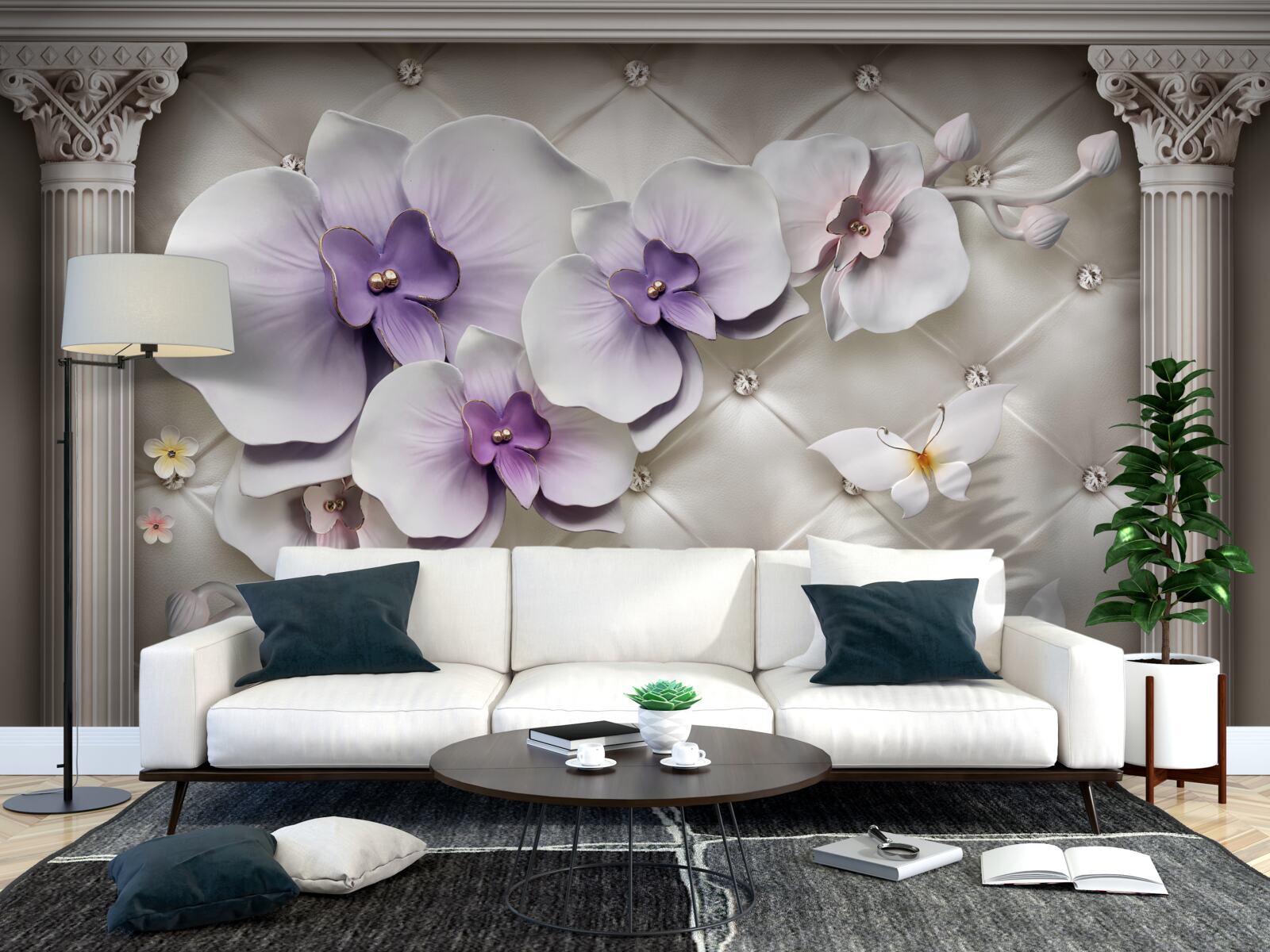 Fototapet Orhidee albă ca zăpada decorată cu aur și perle