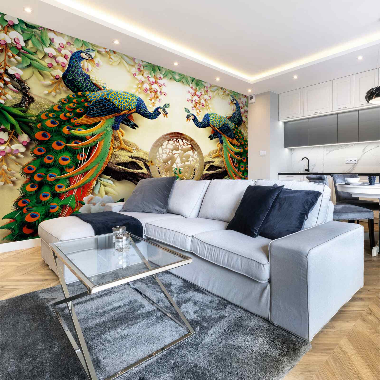 Fototapet păuni magnifici se bucură de odihnă pe un copac decorat cu flori