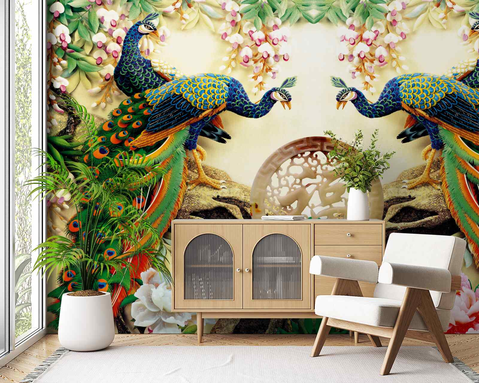 Fototapet păuni magnifici se bucură de odihnă pe un copac decorat cu flori