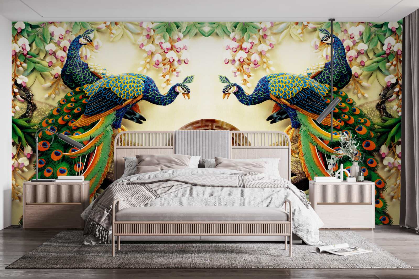 Fototapet păuni magnifici se bucură de odihnă pe un copac decorat cu flori