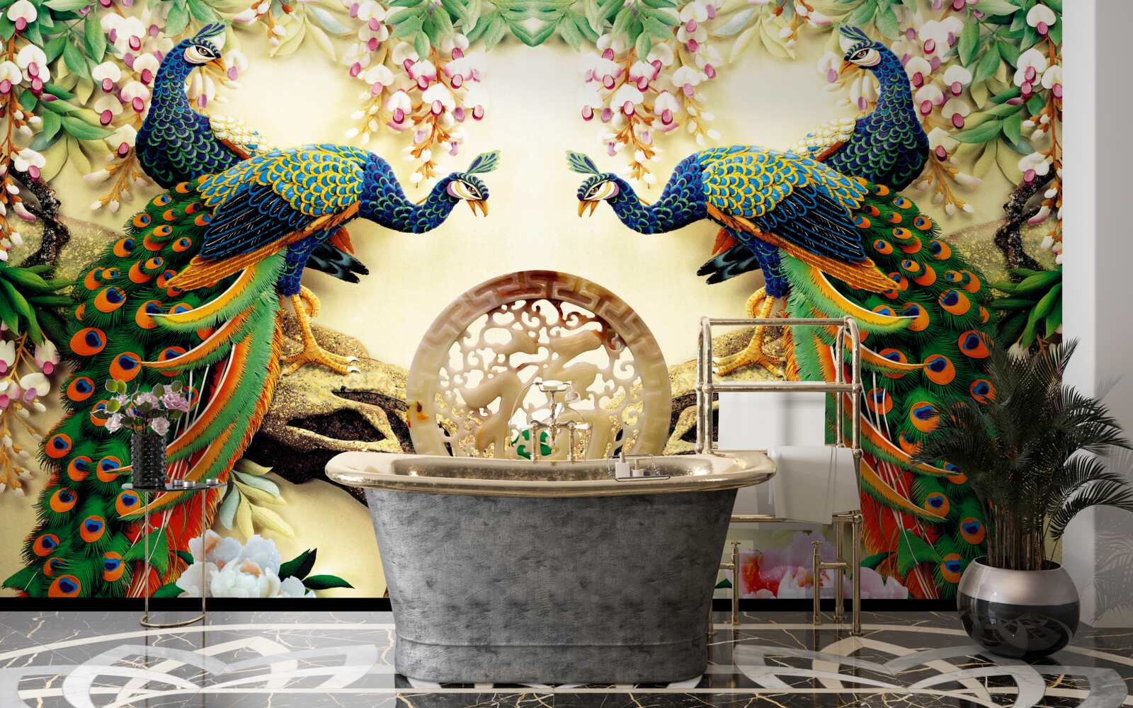 Fototapet păuni magnifici se bucură de odihnă pe un copac decorat cu flori