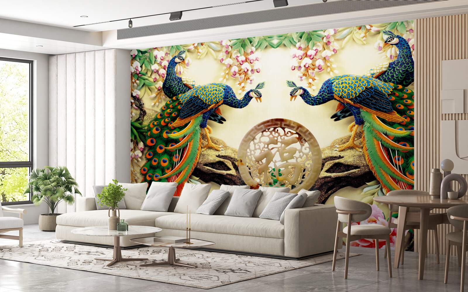 Fototapet păuni magnifici se bucură de odihnă pe un copac decorat cu flori