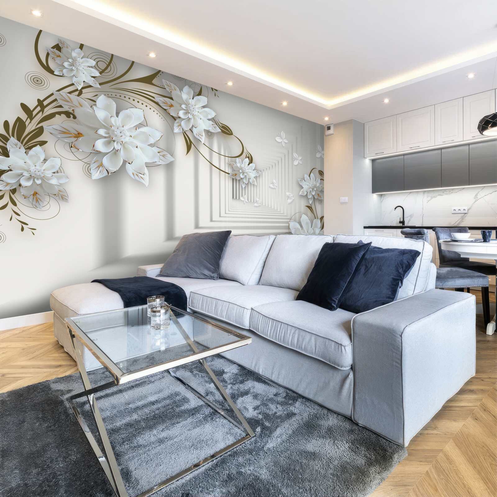 Fototapet de-a lungul panoramei tunelului se întind ramuri aurii de magnolii