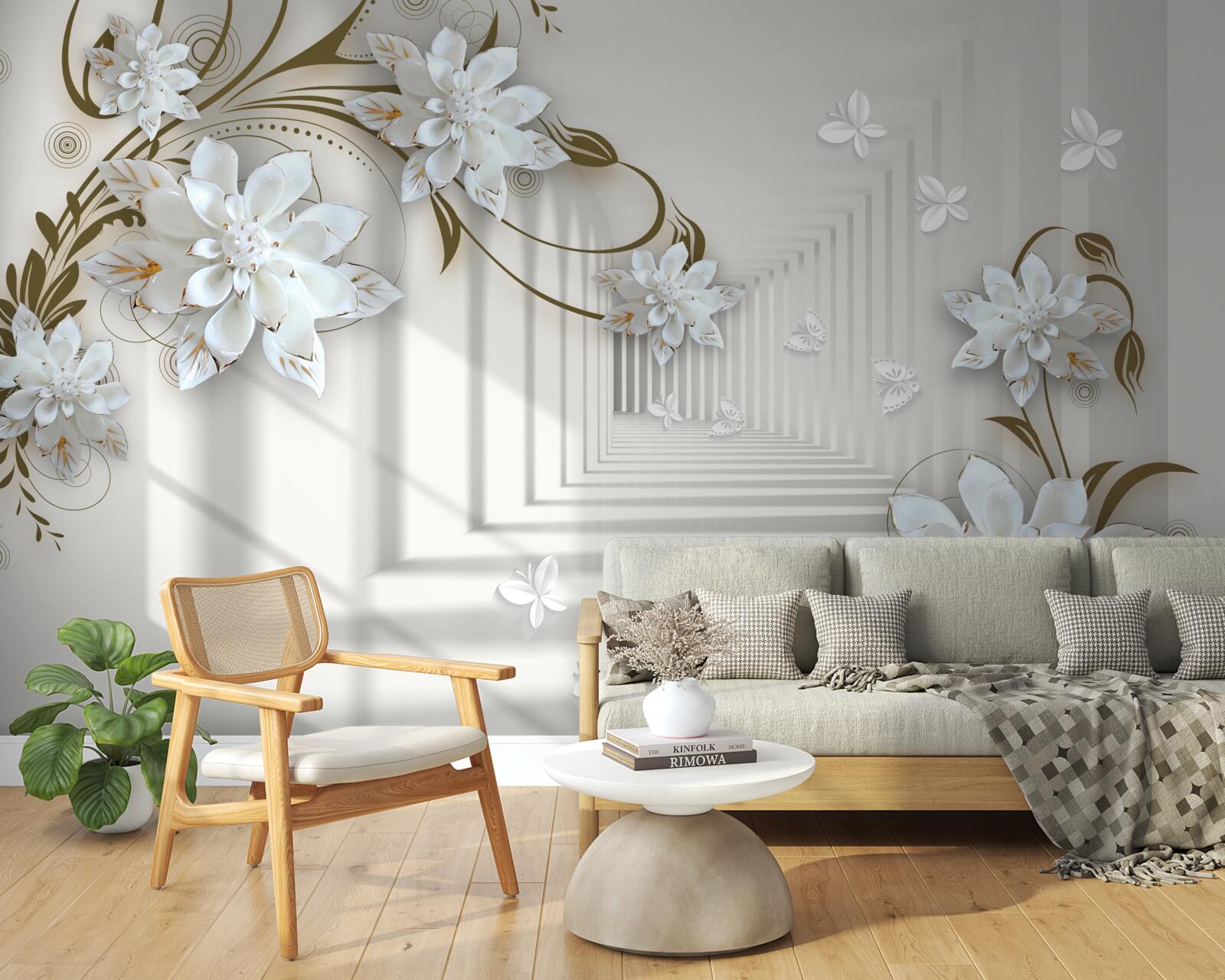 Fototapet de-a lungul panoramei tunelului se întind ramuri aurii de magnolii