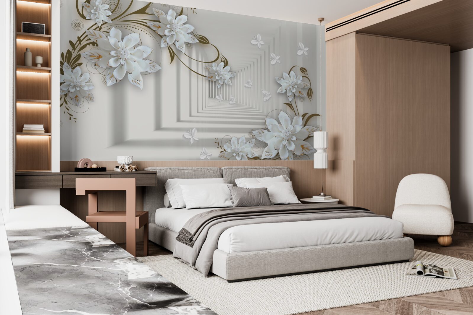 Fototapet de-a lungul panoramei tunelului se întind ramuri aurii de magnolii