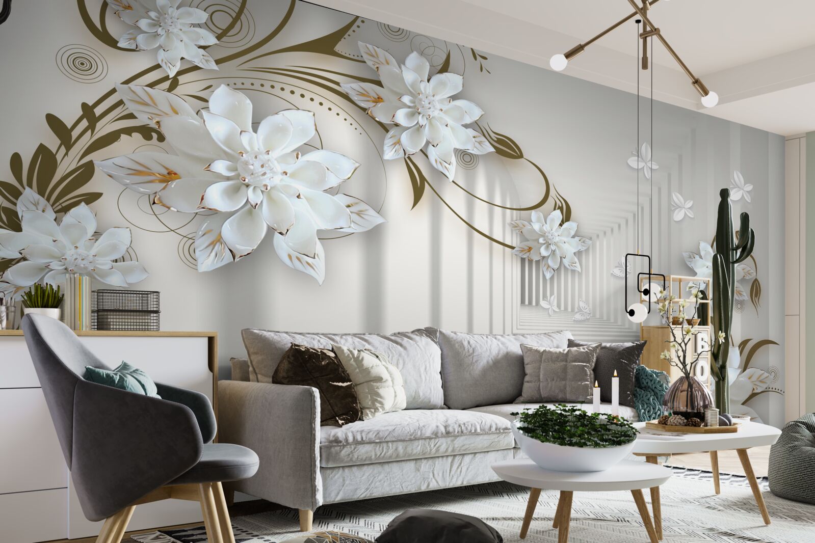 Fototapet de-a lungul panoramei tunelului se întind ramuri aurii de magnolii