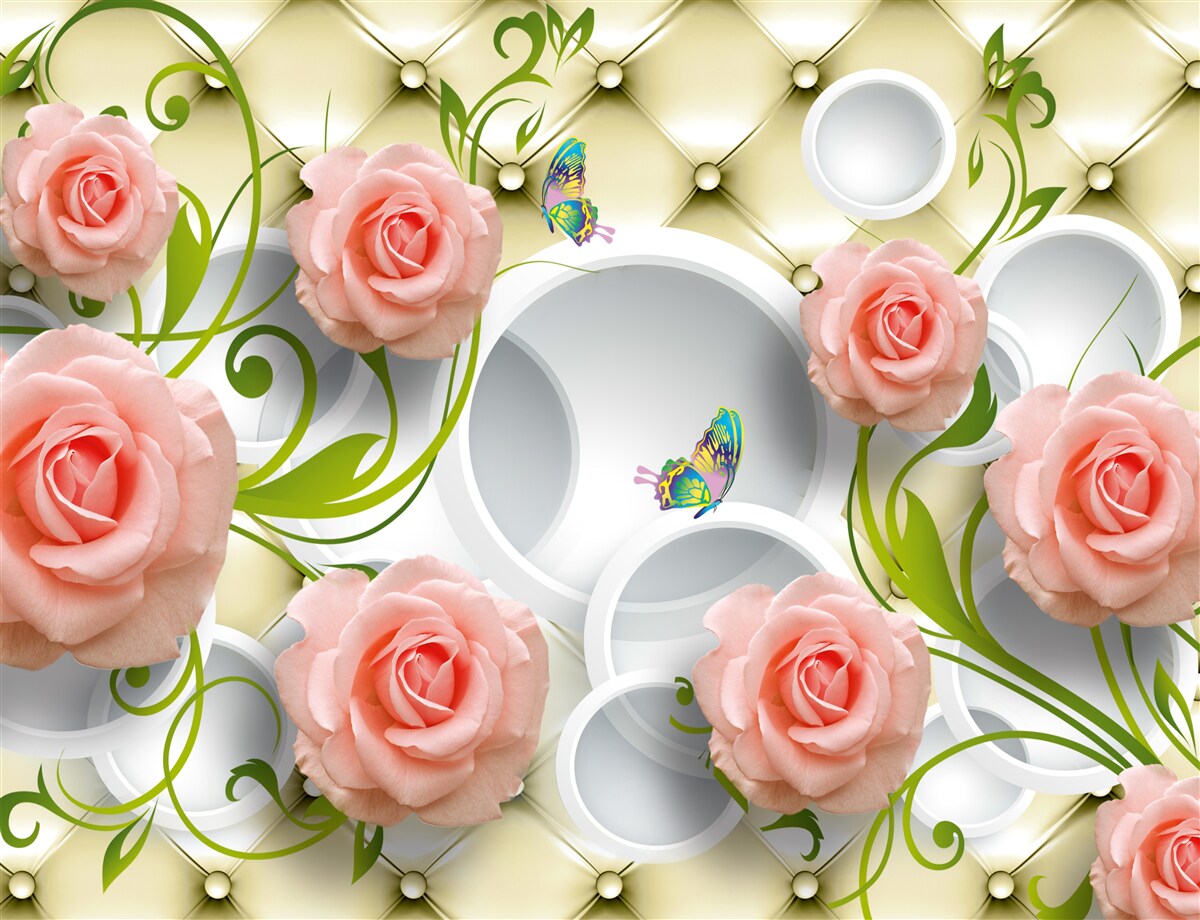 Fototapet un trandafir roz pe un fundal bej pe o ramură