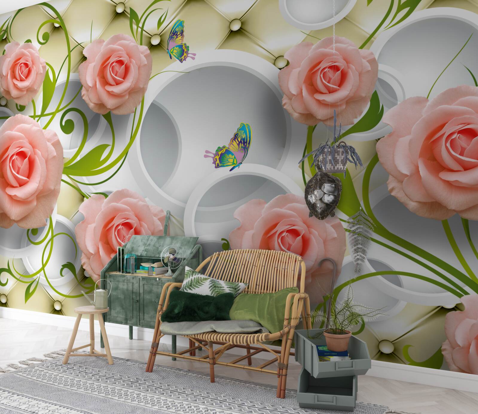 Fototapet un trandafir roz pe un fundal bej pe o ramură