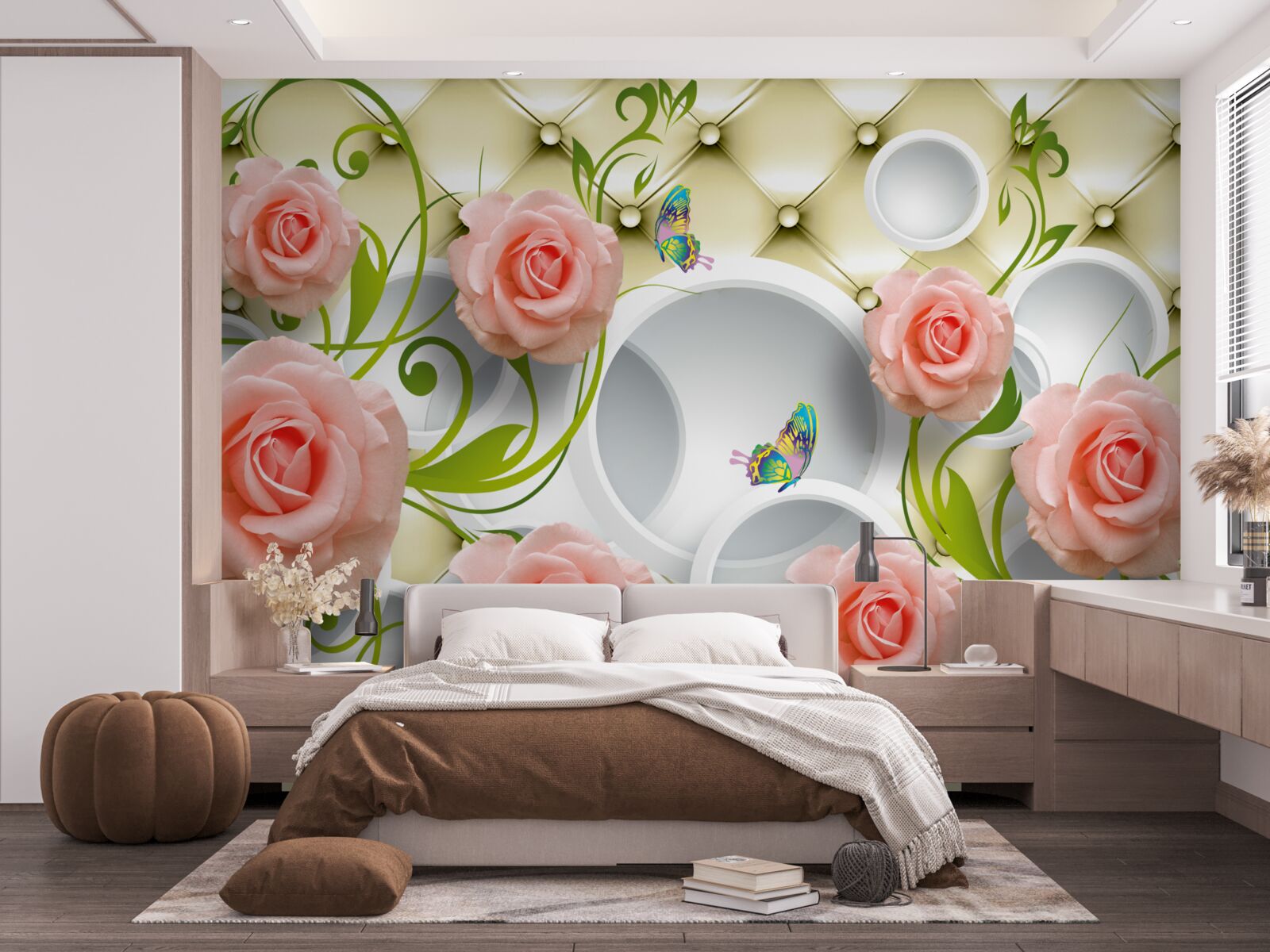 Fototapet un trandafir roz pe un fundal bej pe o ramură