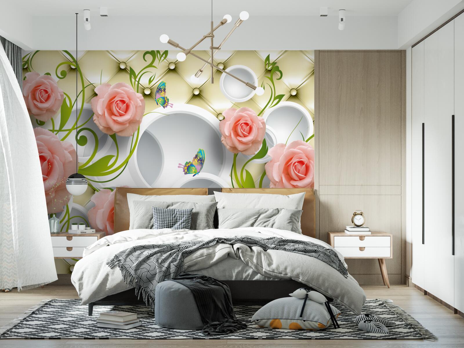 Fototapet un trandafir roz pe un fundal bej pe o ramură