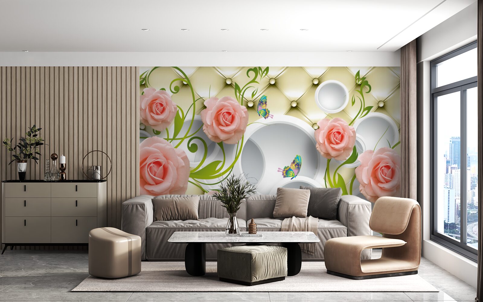 Fototapet un trandafir roz pe un fundal bej pe o ramură