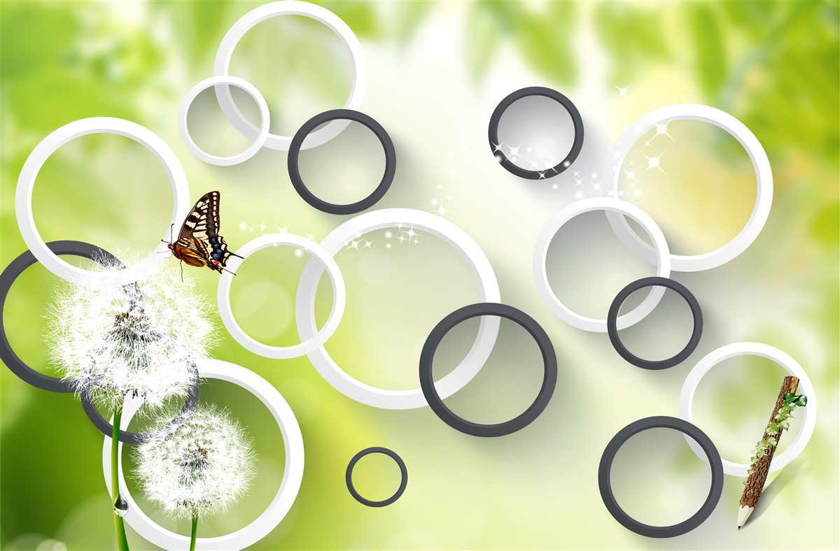 Fototapet pe un fundal de vegetație verde puteți vedea lăptișor alb și fluturi agitați