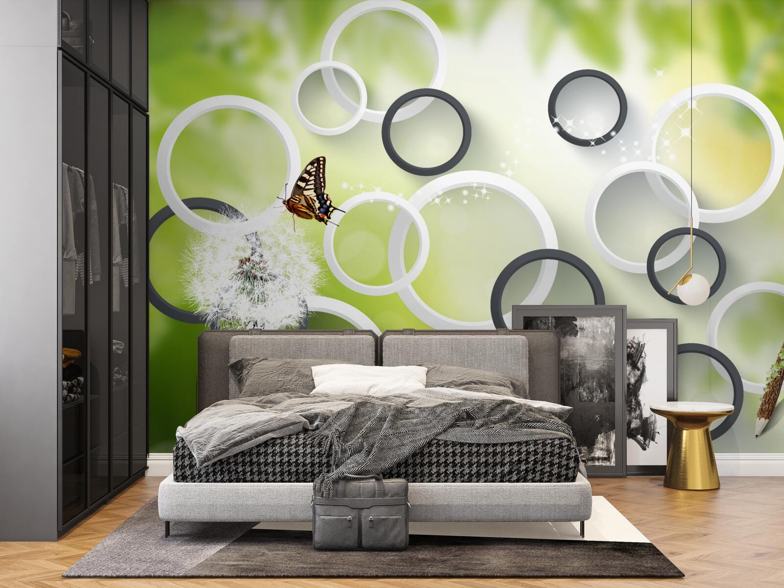 Fototapet pe un fundal de vegetație verde puteți vedea lăptișor alb și fluturi agitați