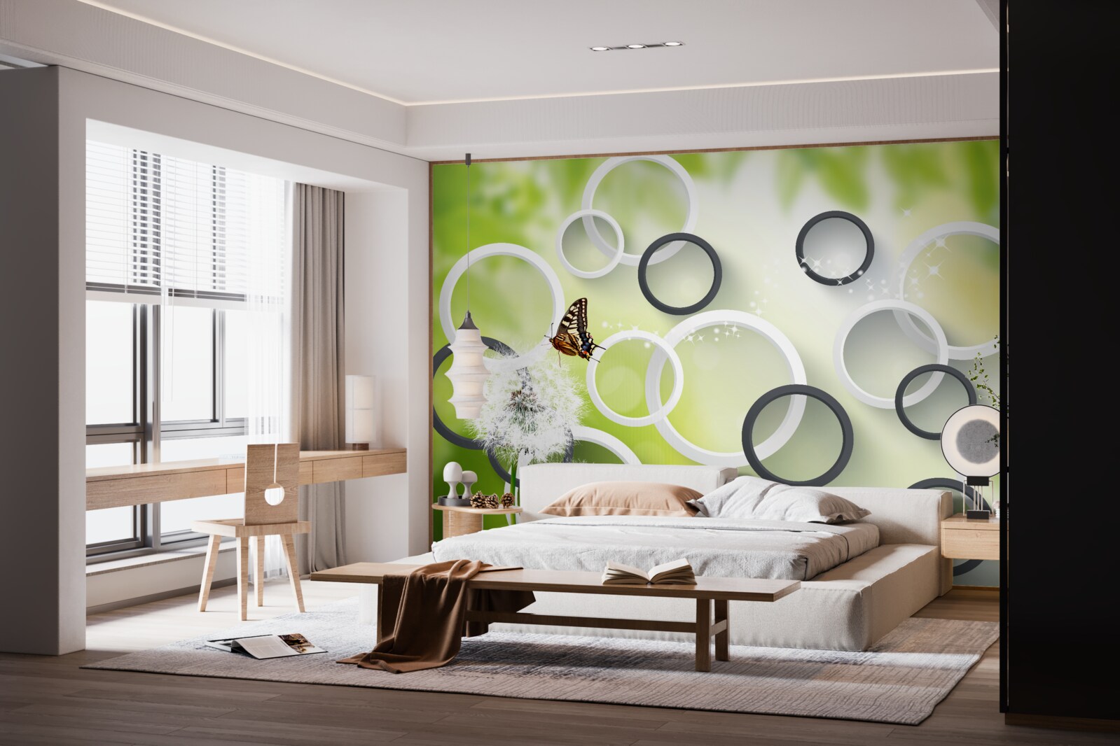 Fototapet pe un fundal de vegetație verde puteți vedea lăptișor alb și fluturi agitați