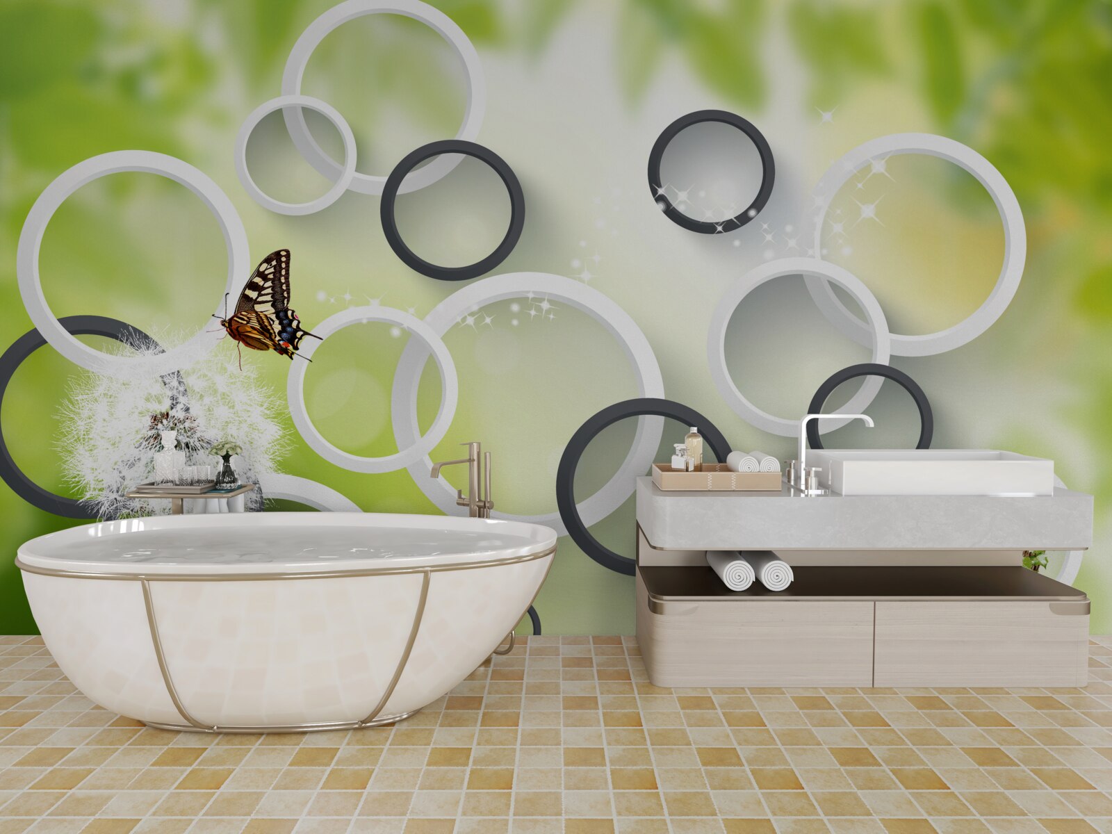 Fototapet pe un fundal de vegetație verde puteți vedea lăptișor alb și fluturi agitați