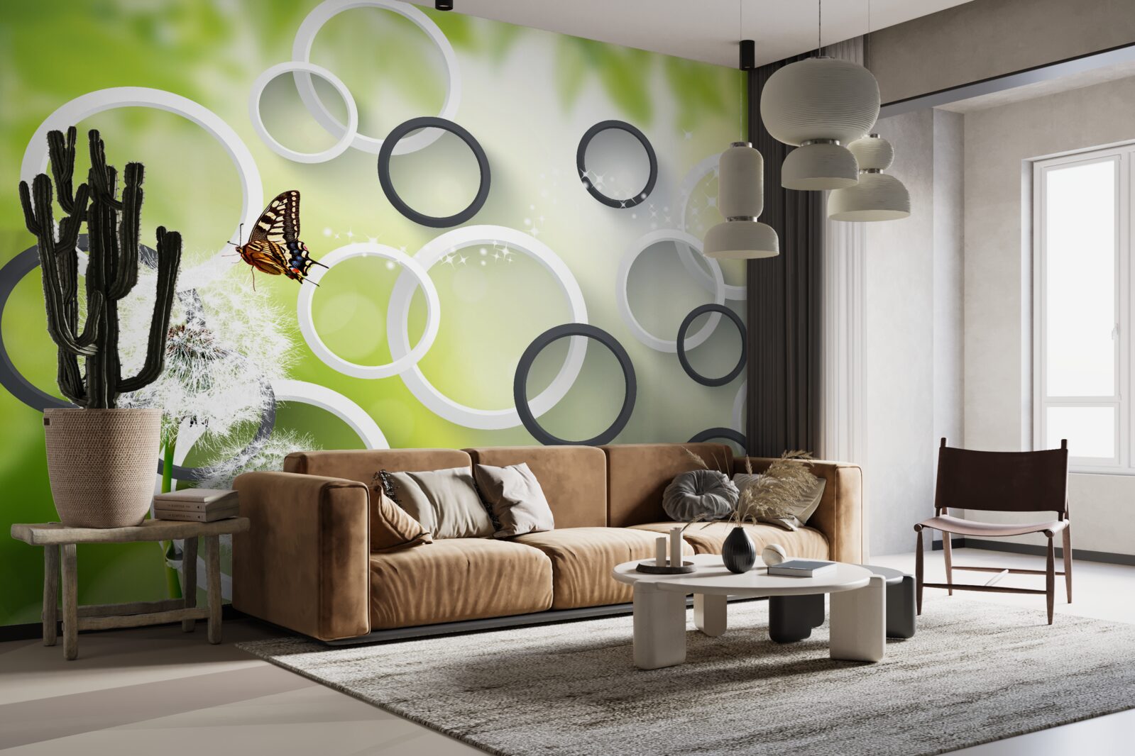 Fototapet pe un fundal de vegetație verde puteți vedea lăptișor alb și fluturi agitați