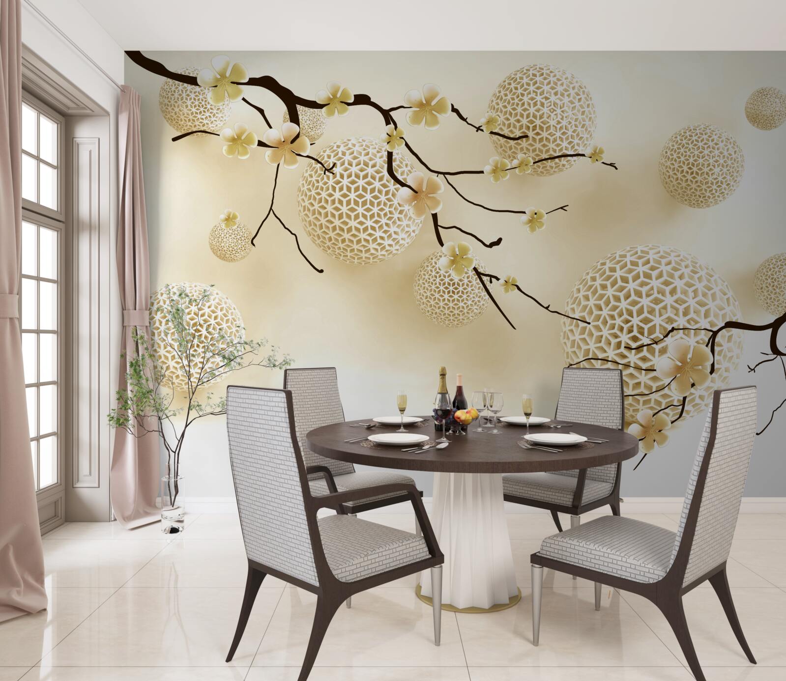 Fototapet muguri pe ramuri și bile aurii