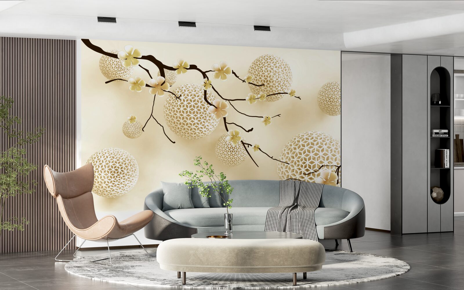 Fototapet muguri pe ramuri și bile aurii