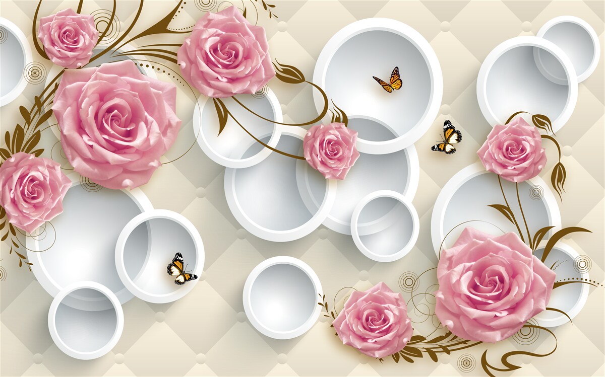 Fototapet pe un fundal geometric un trandafir delicat într-un tufiș roz