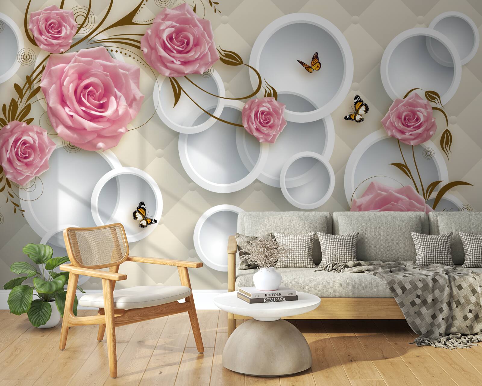 Fototapet pe un fundal geometric un trandafir delicat într-un tufiș roz