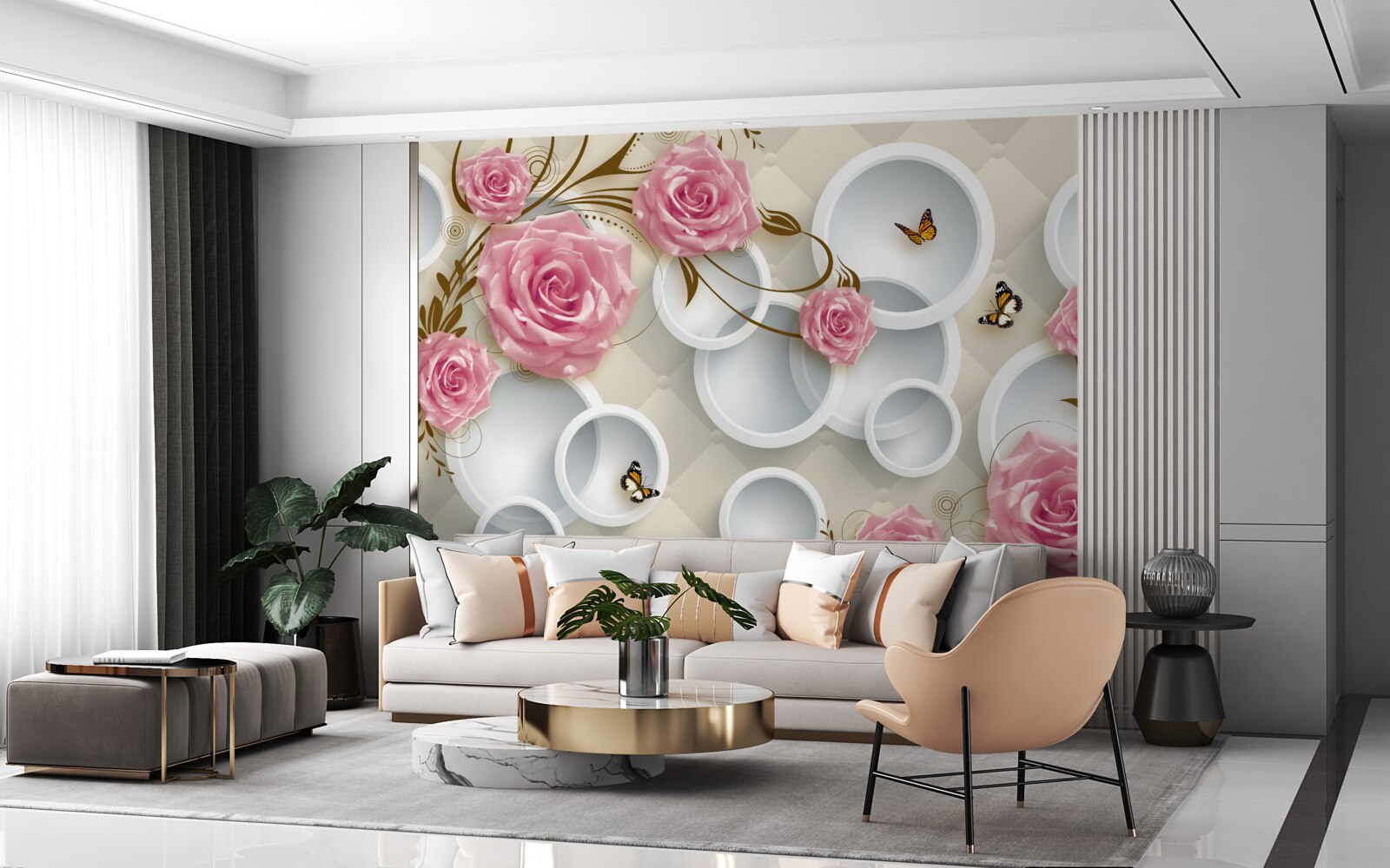 Fototapet pe un fundal geometric un trandafir delicat într-un tufiș roz