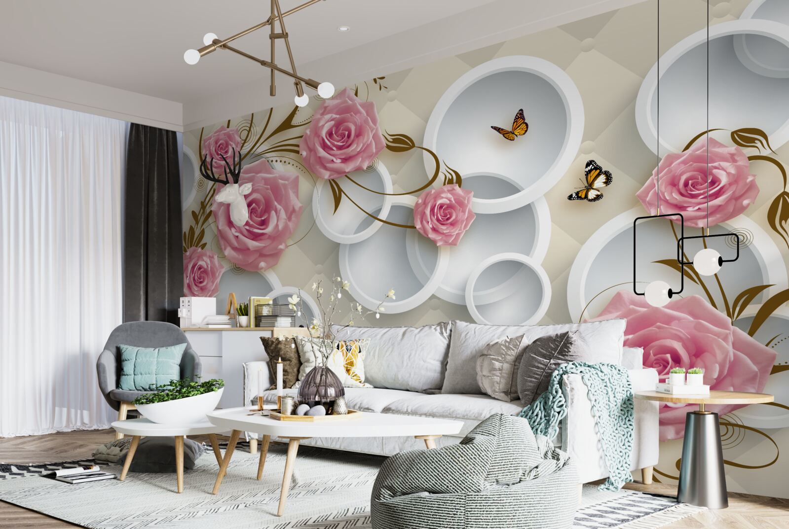 Fototapet pe un fundal geometric un trandafir delicat într-un tufiș roz