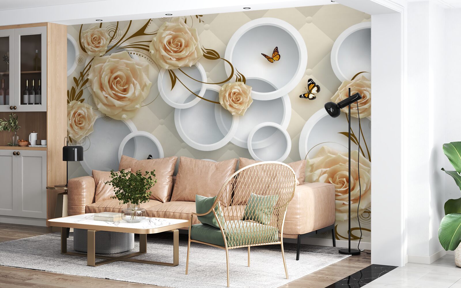 Fototapet crenguțe de bronz roz cu decor auriu fantezie