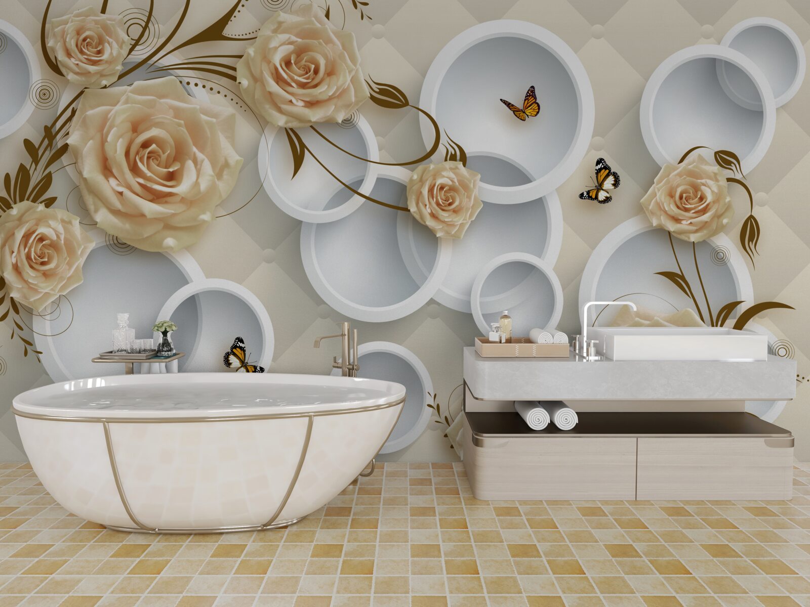 Fototapet crenguțe de bronz roz cu decor auriu fantezie