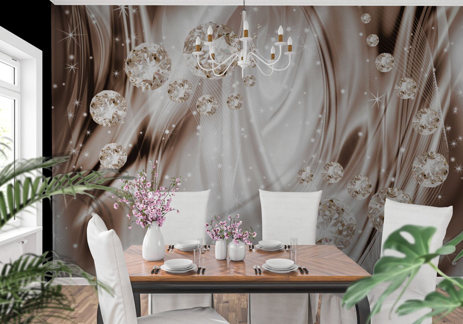 Fototapet mătase maro cu accesorii aurii